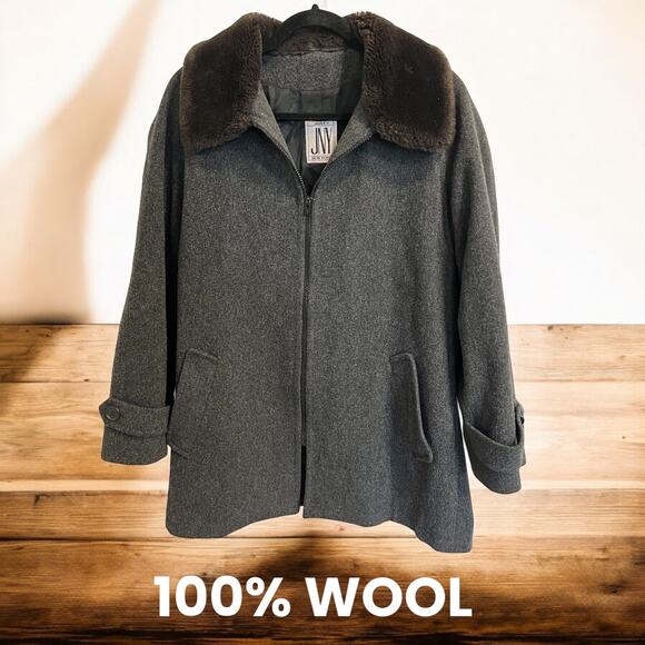 Jones New York JNY 100% Wool Trench Coat‎ w/ belt & fur collar (Jacket) Women's - Picture 1 of 9